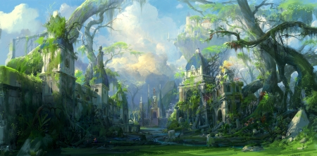 Fantasy world - art, luminos, blue, green, fantasy, paperblue net