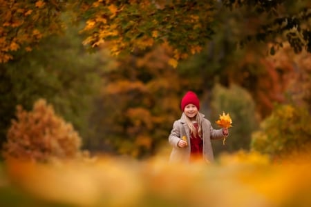 Little Girl - children, forest, hat, leaves, girl