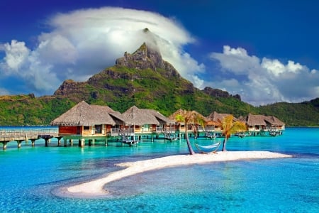 Bora Bora resort - beauty, nature, ocean, tropics, travel, clouds, sea, resort