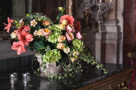 Basket of flowers - flower, mirror, flowers, table, still life