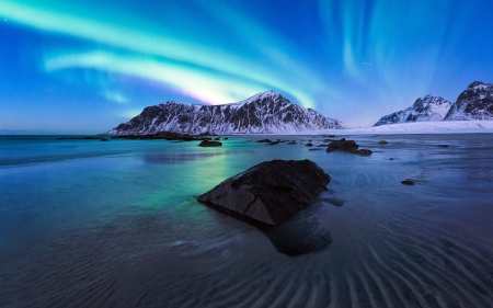 Northern lights - northern lights, winter, water, mountain