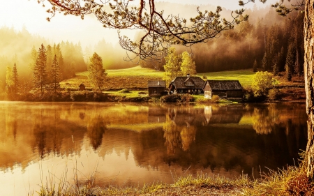 Countryside - lake, art, house, trees