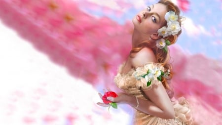 Lady with the Rose - woman, girl, wallpaper, rose, fantasy, art, pretty, pink, digital, camelia