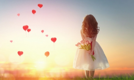 Sunset Escape - balloons, sunset, girl, red