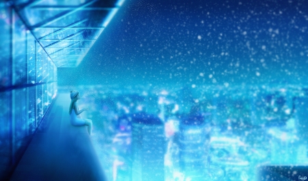 Catch the Snow Flakes - building, beauty, city, anime, girl, night, snow, colorful