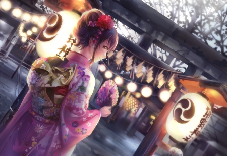 :-) - hand fan, anime, girl, curekiller, pink, lantern, manga, kimino, shrine torii