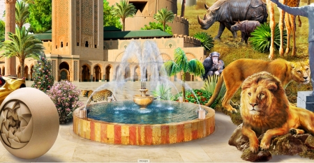 :-) - leu, fantasy, egypt, luminos, lion, adrian chesterman, fountain, art