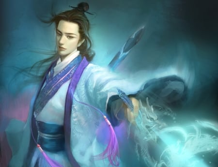 Wizard - fantasy, kimono, luminos, asian, wizard, blue, man