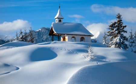 Winter landscape - Mountains, Winter, Snow, Chapel