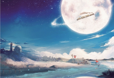 flying train - landscape, anime, train, wallpaper