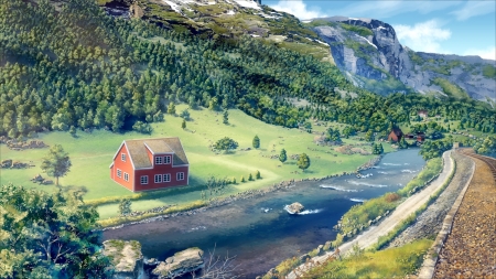 river valley - river, landscape, anime, valley