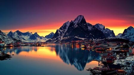 Midnight sun Reflection in Lofoten, Norway - sky, lake, houses, sun, mountains, midnight, nature, norway, reflection, lofeten