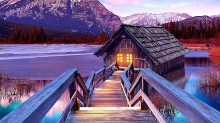 House on the Lake - stairs, nature, lake, pier, house, mountains, lights