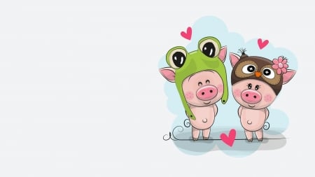 Piglets - hat, pig, pink, child, piglet, owl, cute, couple, frog