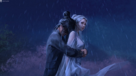 :-) - li miao, blue, girl, man, frumusete, fantasy, rain, couple, asian, luminos