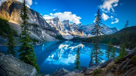 Moraine Lake (Valley of the Ten Peaks, Canada) - trees, landscape, valley, reflection, canada, nature, lake, mountains, sky, park