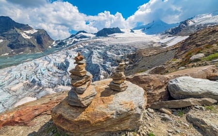 Glacier and Piles of Stone - glacier, mountains, stones, rocks