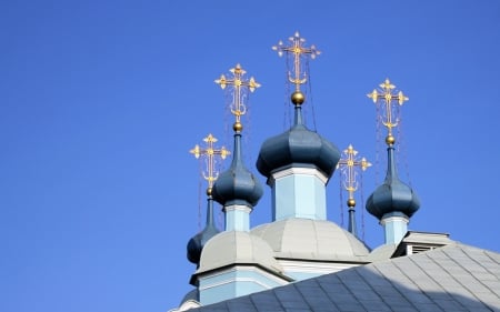 Church Crosses - domes, sky, church, crosses, gold