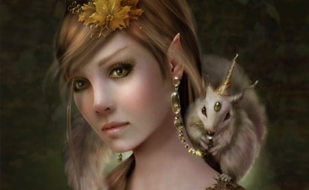 :-) - elf, frumusete, fantasy, white, girl, unicorn, squirrel, luminos