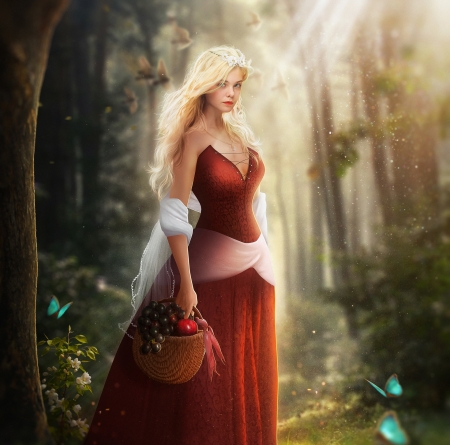 Aurora - red, berry, sleepung beauty, blonde, hosne qanadelo, aurora, fantasy, fruit, basket, princess, luminos