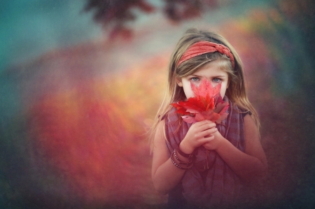 Little Girl - autumn, girl, maple, scarf, leaf