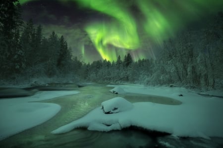 Northern Lights over Snowy Winter River - nature, snow, winter, rivers, northern lights