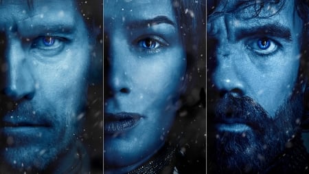 Game of Thrones (TV Series 2011– ) - game of thrones, poster, blue, collage, man, tyrion lannister, Peter Dinklage, face, cersei lannister, actor, tv series, girl, actress, Nikolaj Coster-Waldau, woman, Lena Headey, jaime lannister