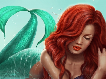 Mermaid - summer, girl, frumusete, fantasy, siren, redhead, mermaid, green, inna vjuzhanina, vara, luminos