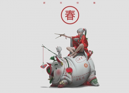 Chinese Zodiac ~ Year of the Pig - zeen chin, fantasy, white, chinese zodiac, red, year of the pig, girl, luminos