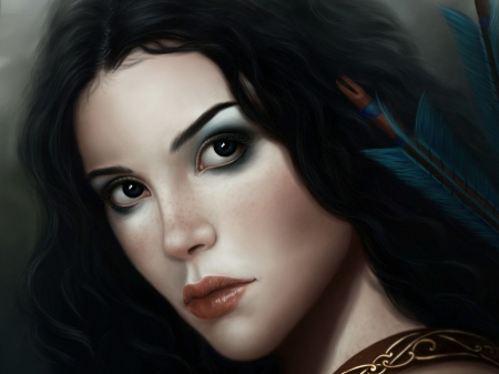 Archer - feather, arqueira, face, carolina pontes, arrow, girl, eyes, fantasy, archer, luminos