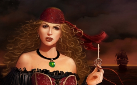 Stone Heart - girl, key, jewel, fantasy, stone heart, ship, red, luminos, green, pirate, carolina pontes