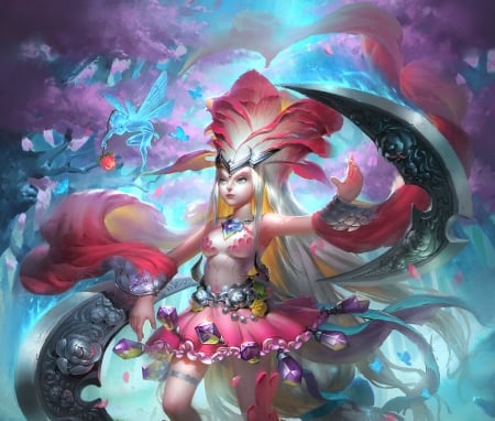 Fantasy girl - flower, fantasy, rose, pink, wu xiandeng, luminos, girl, blue