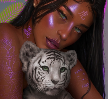 Chinese Zodiac ~ Tiger - face, animal, tiger, cute, black, girl, white, cub, chinese zodiac, fantasy, tati moons, luminos