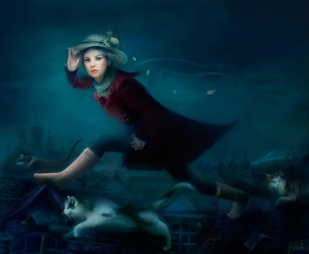 Running with cats - running, blue, girl, night, cat, fantasy, bente schlick, pisici, art, luminos