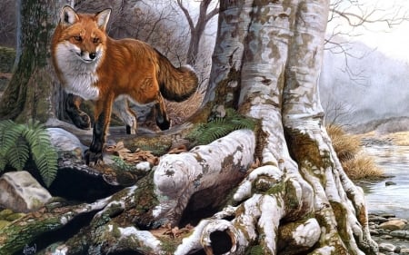 Fox - fox, painting, fantasy, trees