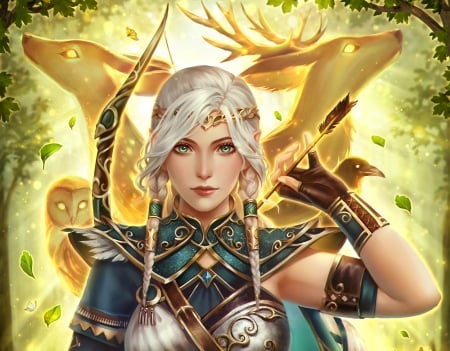 Lady of the forest - hunter, fantasy, green, deer, girl, riikka sofia riekkinen, midorisa, luminos