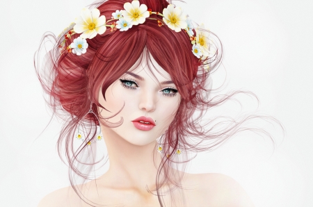 Beauty - fantasy, wreath, redhead, rendering, girl, flower, luminos