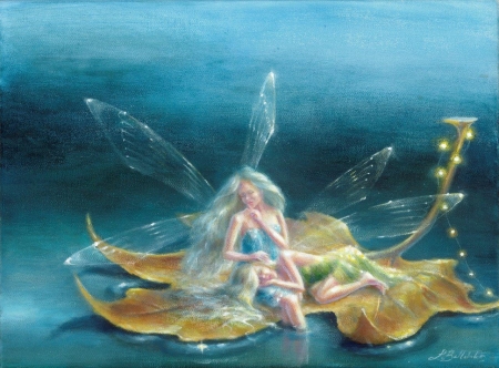 Blue fairy - girl, water, leaf, fantasy, lynne bellchamber, art, yellow, luminos, blue, fairy