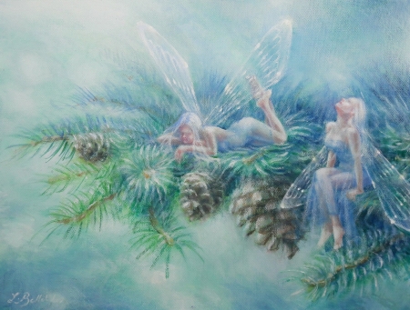 Promise of Snowfall - craciun, girl, pine cone, iarna, winter, lynne bellchamber, fantasy, christmas, painting, art, luminos, fairy