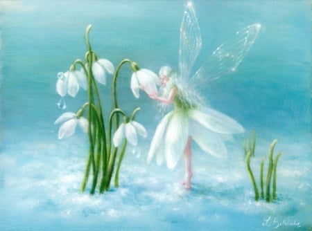 Snowdrops - lynne bellchamber, winter, blue, girl, spring, flower, ghiocei, fantasy, white, snowdrop, green, painting, iarna, fairy, art, luminos