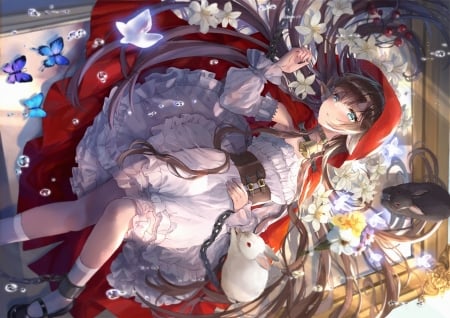 Red Riding Hood - anime, dress, girl, flower, bunny, itsia, manga, white, red riding hood