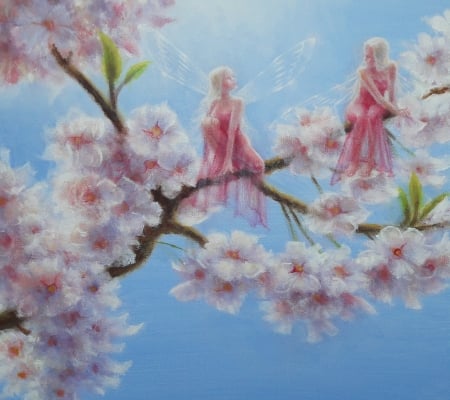 Time to Let Go - girl, fantasy, lynne bellchamber, spring, painting, pink, luminos, blue, blossom, fairy, flower