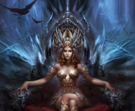 Queen - throne, fantasy, blue, queen, girl, luminos