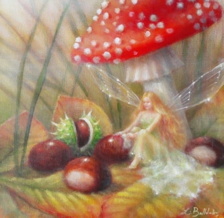 Autumn Glaze - lynne bellchamber, brown, girl, castane, fantasy, autumn, red, painting, mushroom, fairy, art, luminos