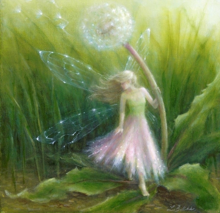 Fairy with Dandelion - girl, fantasy, lynne bellchamber, painting, white, art, luminos, dandelion, green, fairy