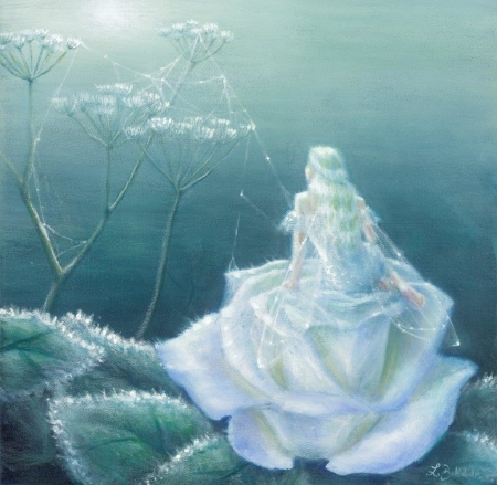 Rose fairy - rose, lynne bellchamber, girl, blue, art, fower, white, fantasy, fairy, luminos, painting