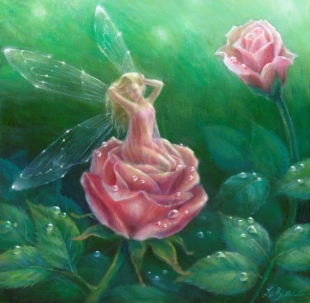 Pink fairy - lynne bellchamber, trandafir, water drop, girl, flower, pink, fantasy, dew, green, painting, fairy, rose, luminos