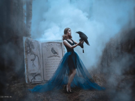 Beauty and the Raven - women, forest, magical, fog, tree, book, raven, bird