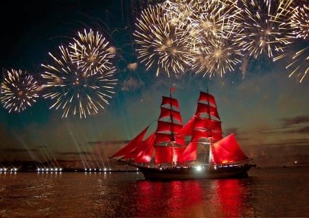 Sailing under Fireworks - reflections, water, ship, evening, sails