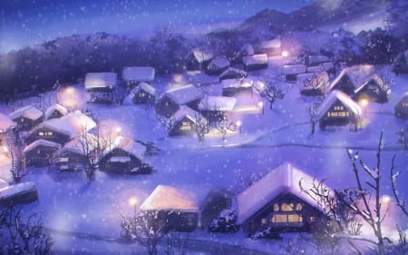 Village Night - winter, village, houses, snow